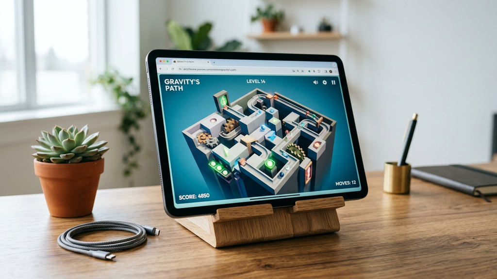 A tablet on a wooden stand displaying a vibrant high-production 3D physics marble puzzle in a web browser