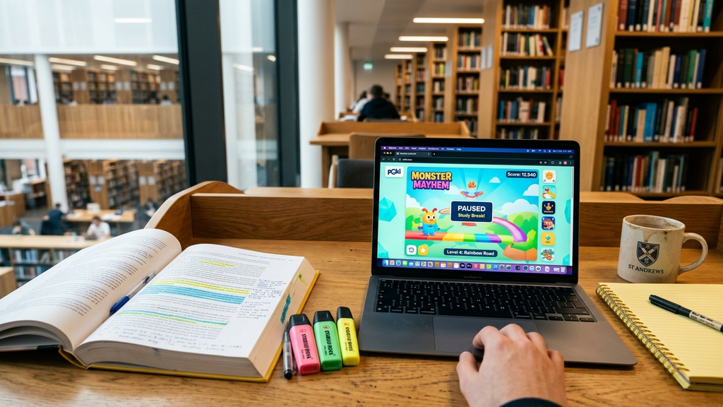 A university library desk with open textbooks, highlighters, and a laptop showing an engaging unblocked browser game on Poki