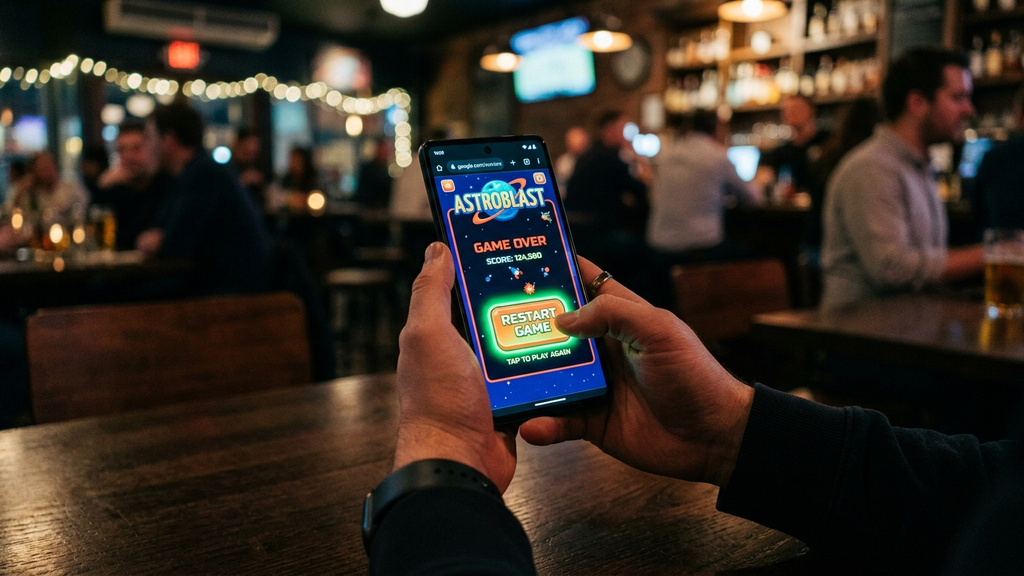 A player holding an Android smartphone with a thumb ready to tap an instant arcade restart button on the screen