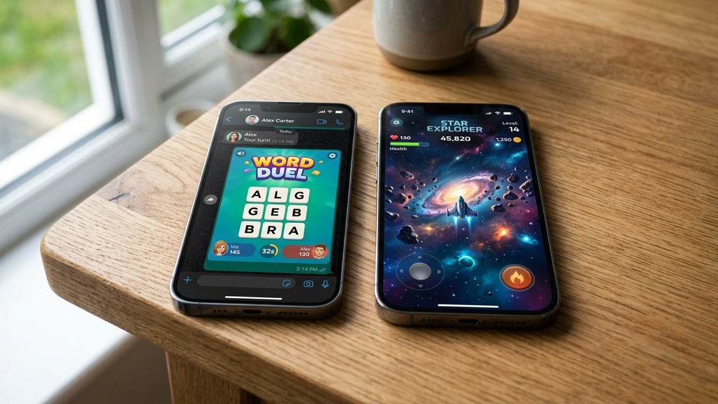Two modern smartphones side-by-side comparing a Facebook Messenger social game against a standalone mobile web app