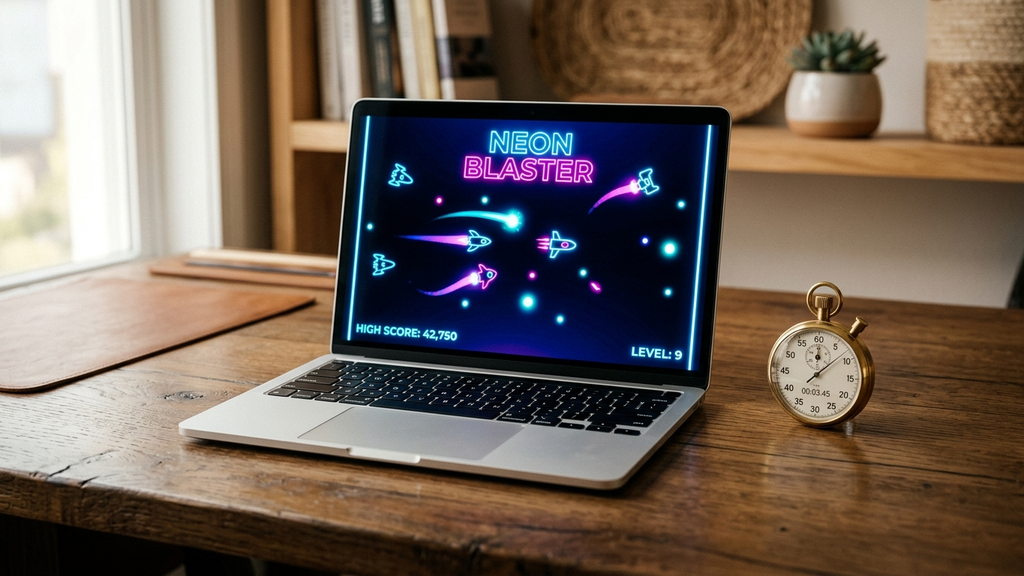 An ultra-thin silver laptop on an oak desk showing an instant neon arcade web game next to a sleek stopwatch