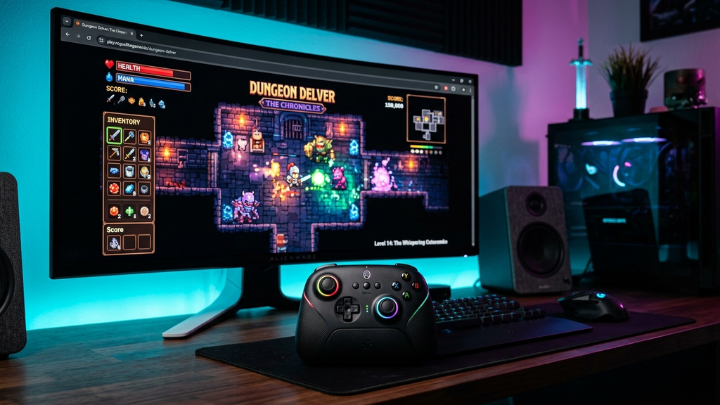A wireless gaming controller on a desk beside an ultrawide monitor displaying an indie dungeon crawler in a browser