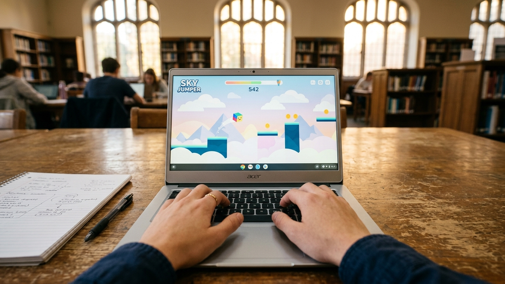 A lightweight Chromebook open on a school library table displaying a colorful minimalist web game