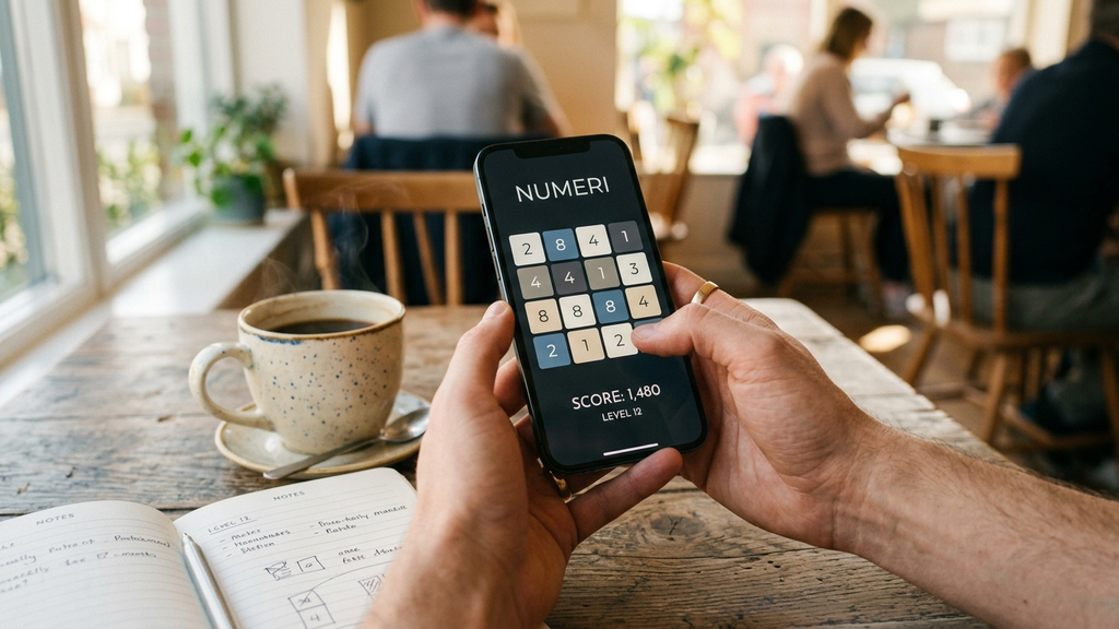 Hands holding a smartphone displaying an elegant minimalist number puzzle next to a morning cup of coffee