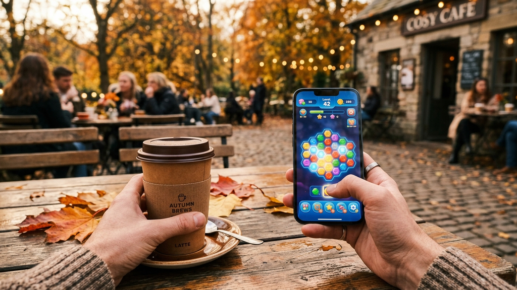 First-person view holding a coffee cup at an autumn cafe table while playing a one-thumb puzzle game on a smartphone