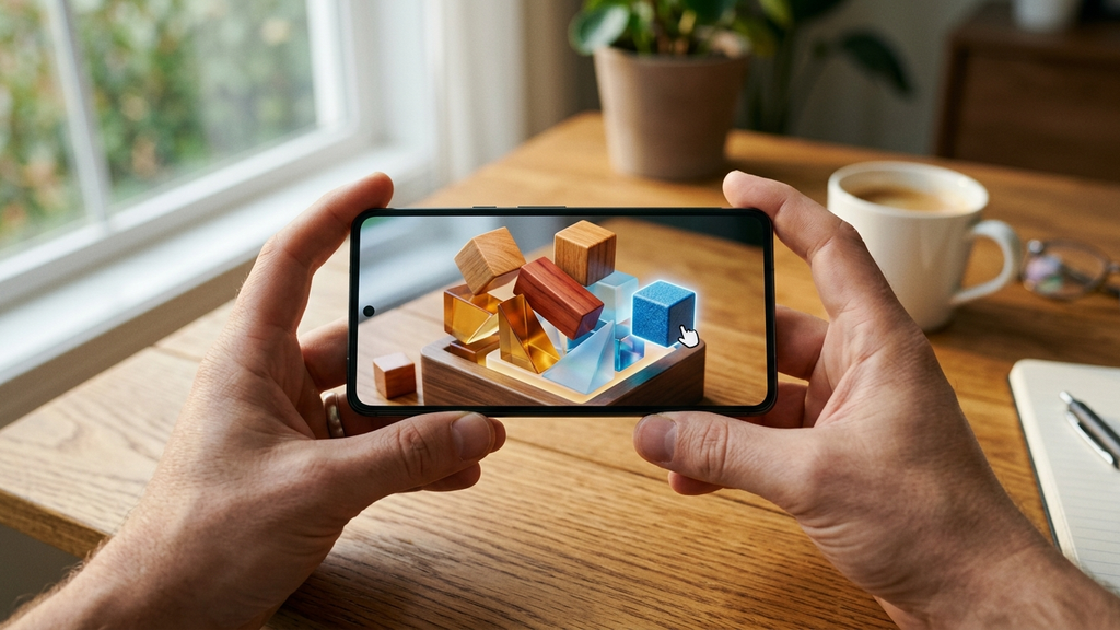 Hands holding a smartphone displaying a tactile 3D geometric block puzzle with realistic wooden and glass physics