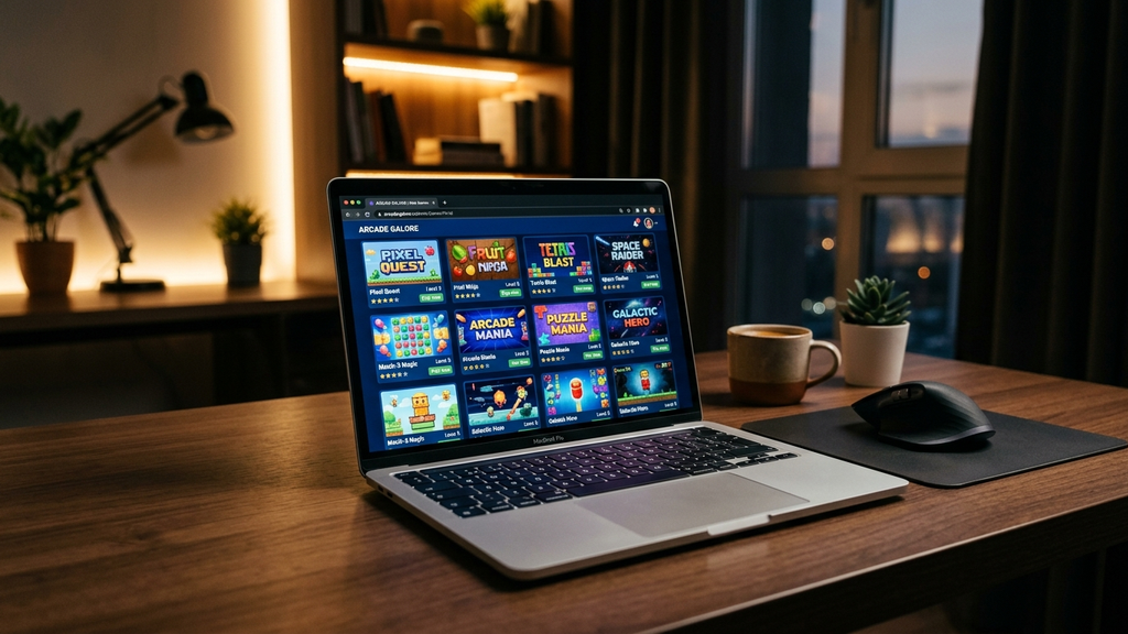 A modern laptop open on a stylish concrete desk displaying a colorful web gaming portal with a clean grid of trending browser games.