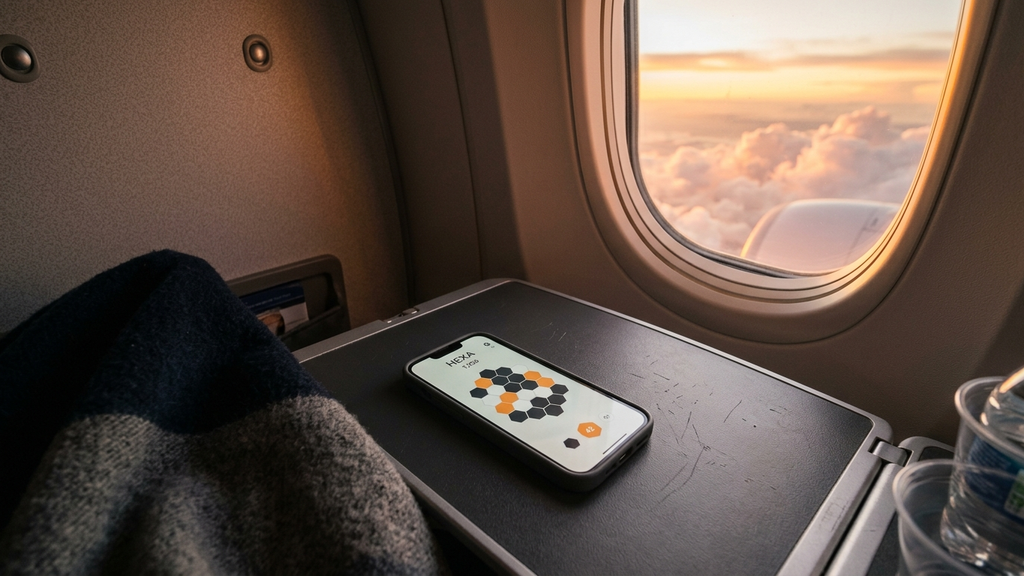 An airplane passenger by a window seat playing an elegant offline mobile puzzle on a tray table above the clouds