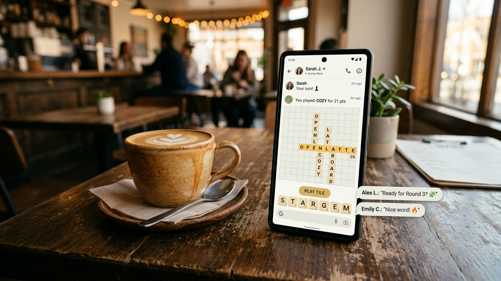 A smartphone on a cafe table displaying an asynchronous turn-based word puzzle inside a messaging chat