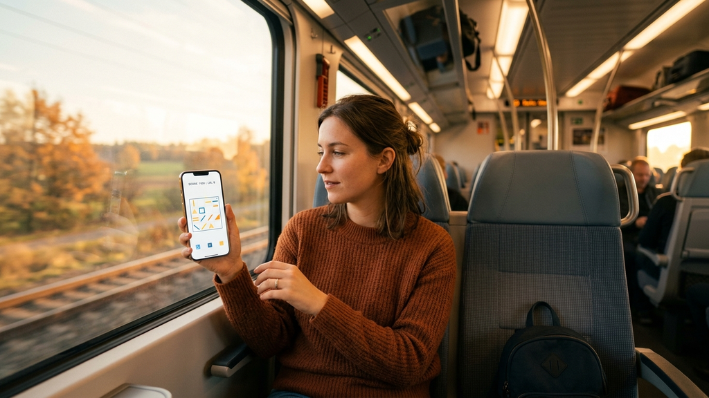 A commuter holding a smartphone in a vertical one-handed grip on a train, playing a glowing geometric puzzle game during golden hour.