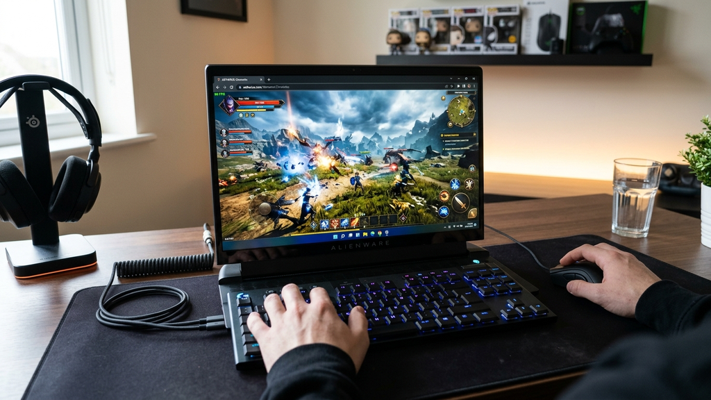 A gaming laptop displaying an intense high-fidelity 3D browser action combat game running with vibrant lighting effects and fluid 60 FPS motion