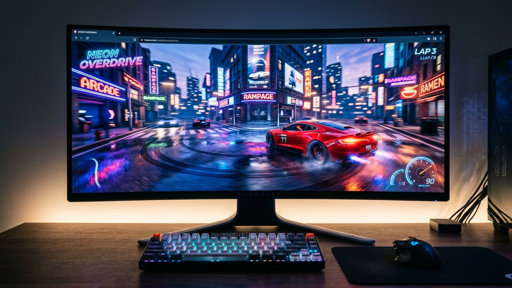 An ultrawide gaming monitor displaying a fast-paced 3D WebGL sports car drifting along a neon city track in a browser