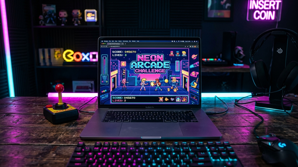 A laptop in an atmospheric gaming room with neon arcade signs running a colorful retro coin-op pixel art brawler