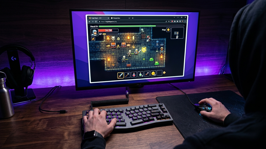 Modern desktop setup showing an ultra-stylish pixel art roguelike browser game running smoothly inside a Chrome browser window next to glowing RGB peripherals