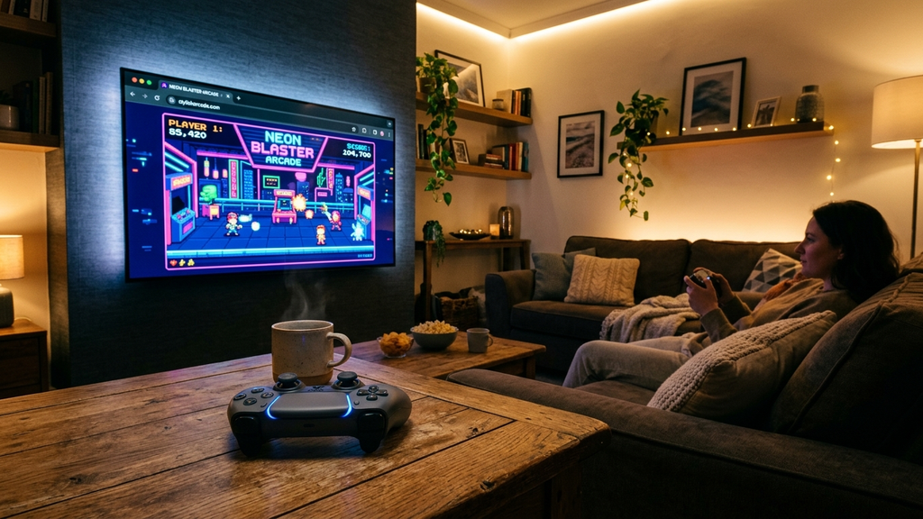 A cozy evening living room with a modern controller on a wooden coffee table and a large smart TV running a full-screen browser game