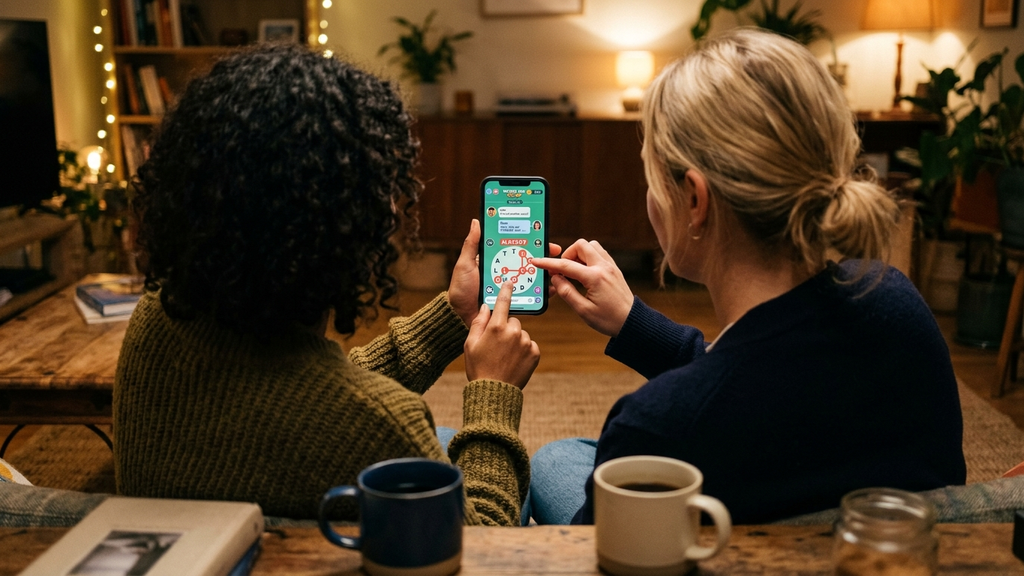 Over-the-shoulder view of two friends on a sofa collaborating on a cooperative word puzzle inside a messaging chat on a smartphone