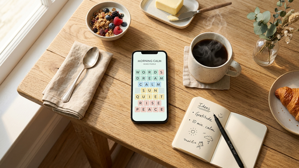A smartphone on a clean wooden breakfast table next to a cup of hot tea displaying a serene daily grid puzzle with no timer pressure