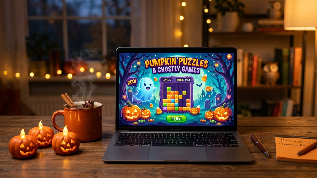 A warm autumn evening desk scene with small carved pumpkins and a laptop displaying a colorful whimsical Halloween ghost puzzle browser game