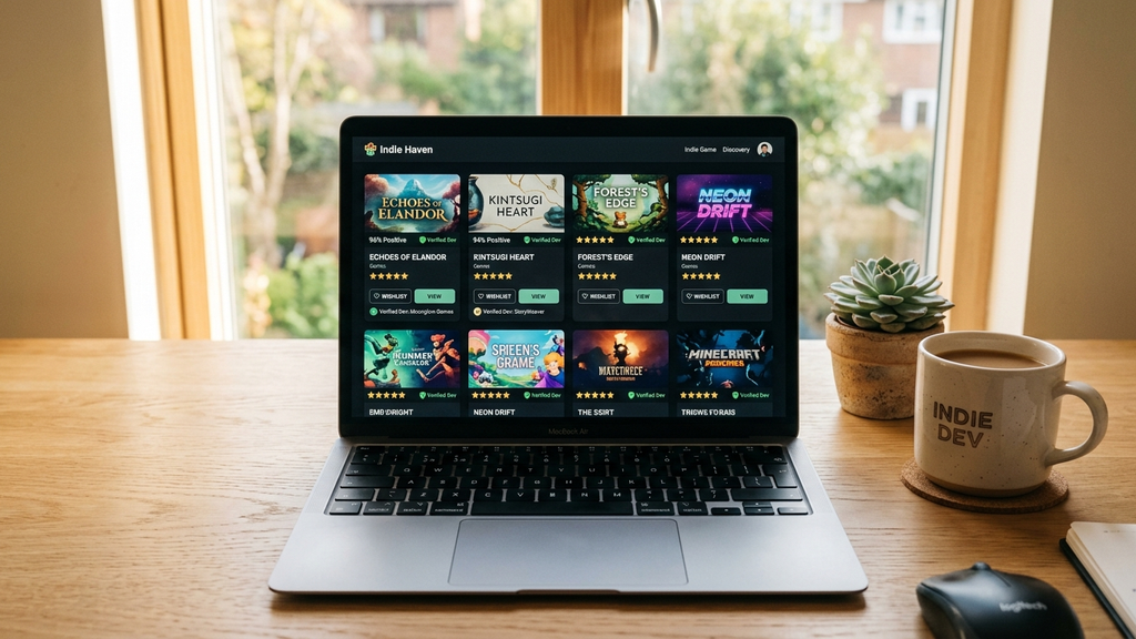 A laptop screen showing a clean web browser with curated original indie web games filtered by verified developers and high player ratings
