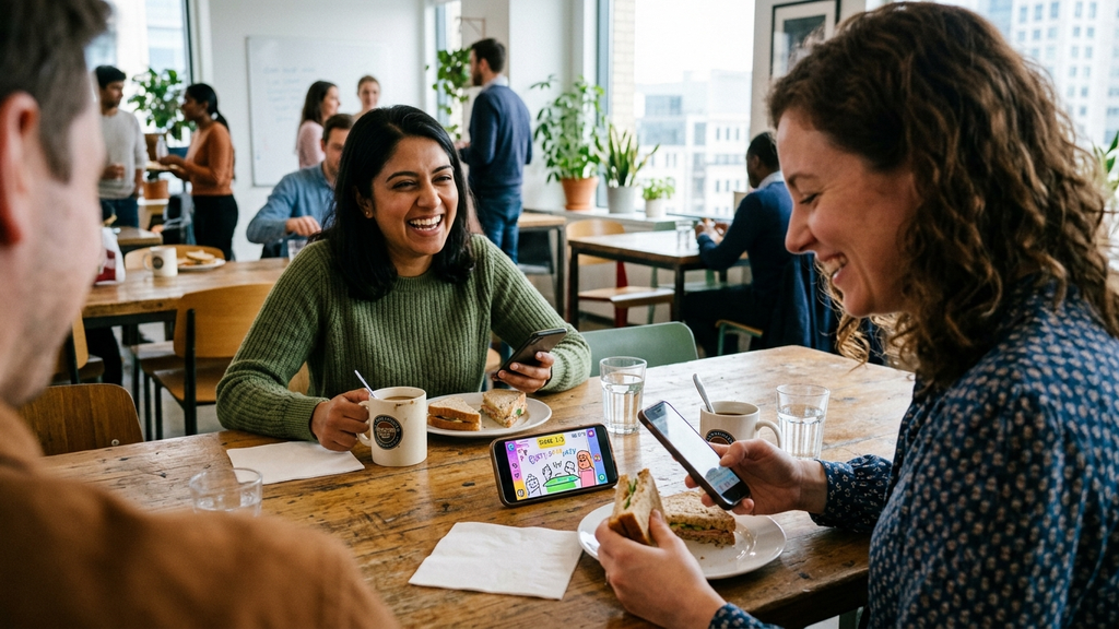 Coworkers gathered around an office lunch table casually playing quick zero-friction web party games on their phones and laughing