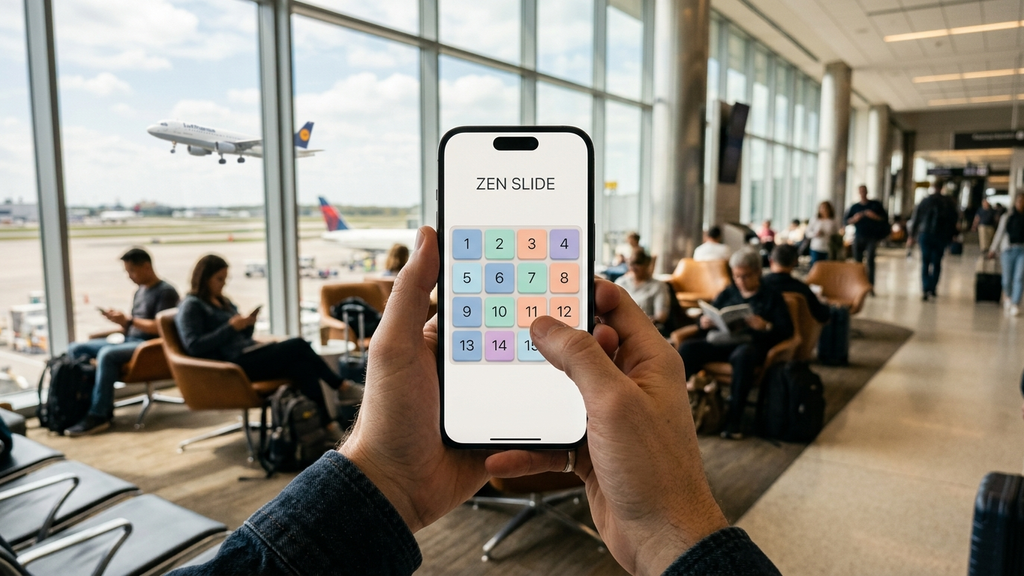 A traveler in an airport waiting lounge holding a smartphone displaying an elegant minimalist sliding number tile puzzle