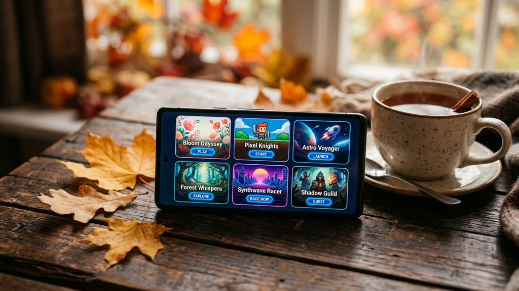 A smartphone on a rustic autumn table with fallen leaves and tea displaying a showcase of new indie mobile games