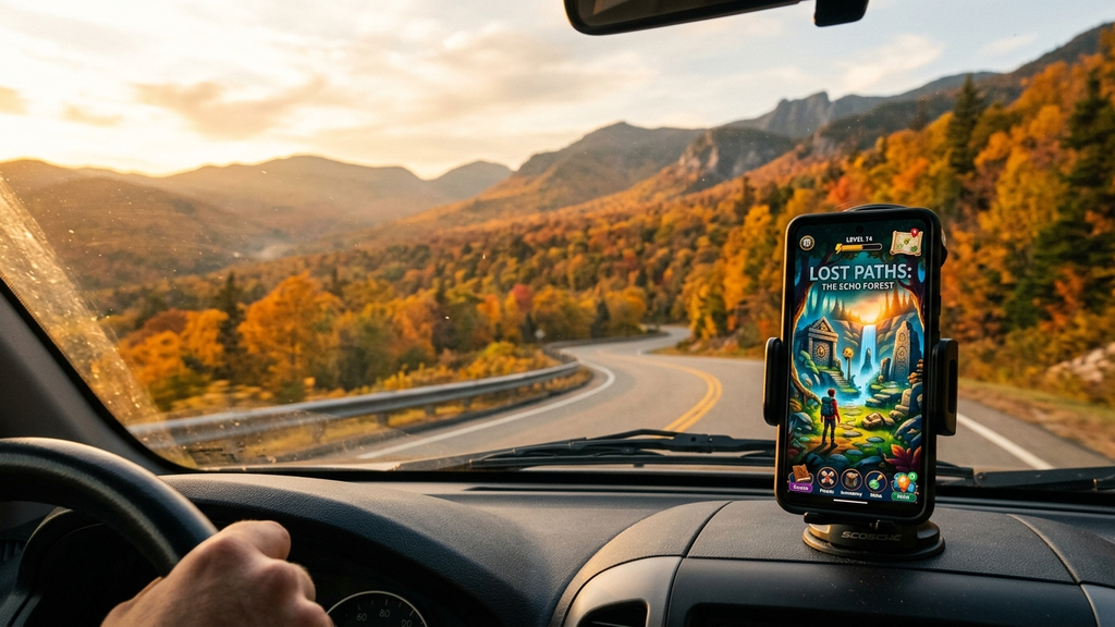 A smartphone mounted on a car dashboard displaying an offline adventure game driving through scenic autumn mountains at sunset