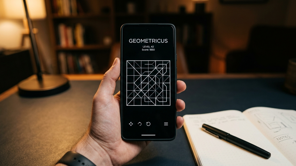 First-person view holding an Android smartphone displaying a minimalist geometric black and white line puzzle on a dark desk