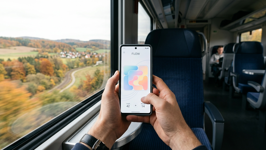 A passenger in a quiet commuter train car holding a sleek smartphone in portrait mode solving a minimalist silent geometric puzzle in tranquil ambient light