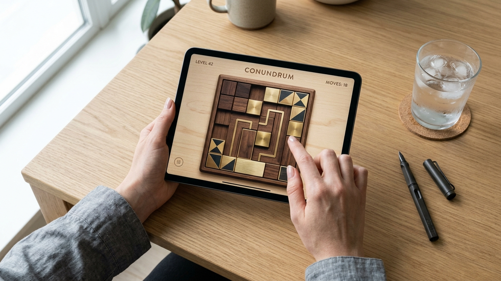 Top-down view of hands holding a tablet resting on a clean wooden table solving a complex turn-based sliding block puzzle with chess-like focus