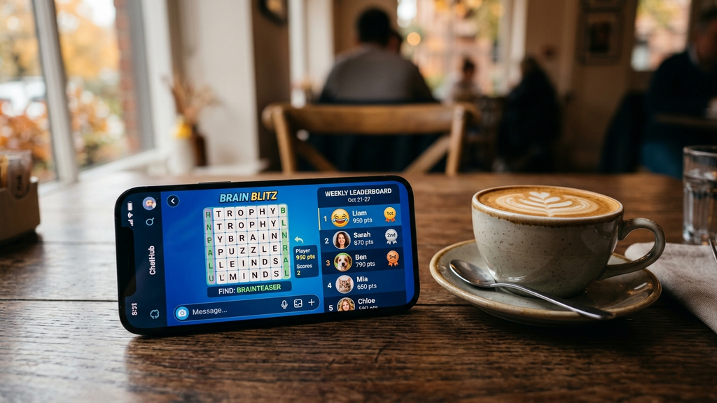 A smartphone on a cafe table showing a social word puzzle with friends leaderboard scores inside a messaging app