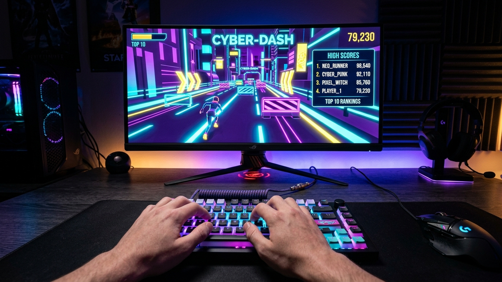 Widescreen desktop gaming monitor displaying a fast-paced neon arcade game with responsive controls and an interactive live leaderboard on screen