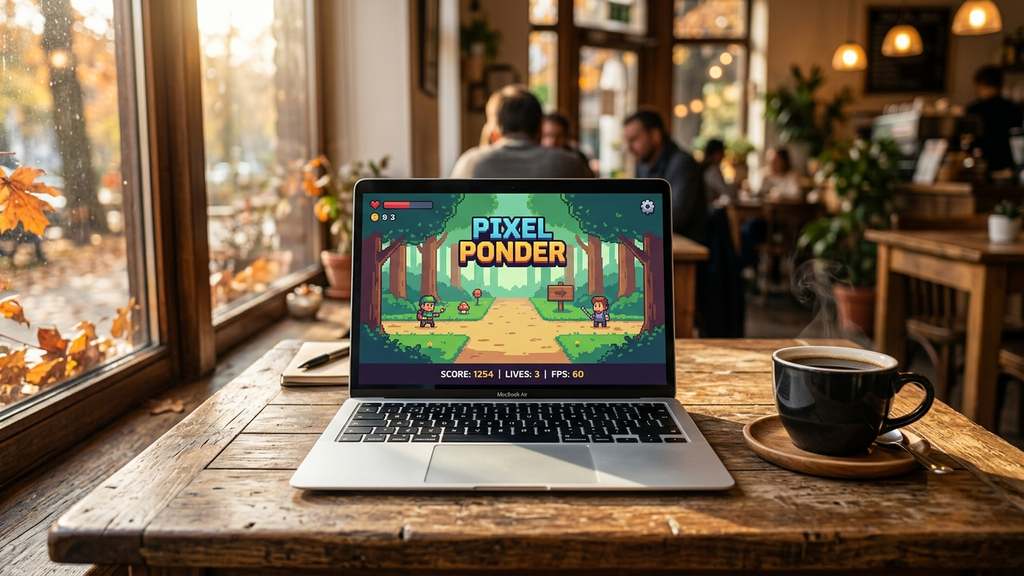 A lightweight silver laptop on a wooden cafe table in autumn running a smooth 60 FPS 2D browser game beside a mug of coffee